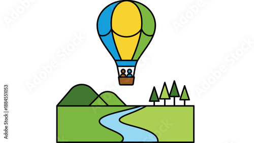 Colorful hot air balloon floating over a scenic landscape with trees