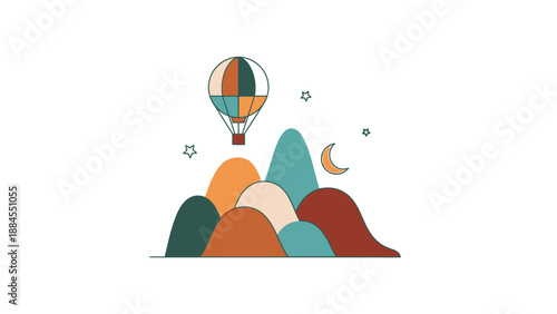 Colorful hot air balloon over stylized mountain range against white background