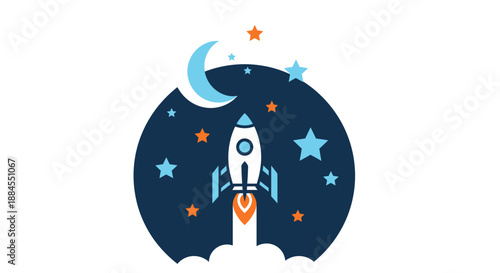 Cartoon rocket ship launching into space with stars and moon illustration