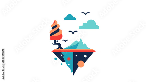 Floating island illustration with tree mountains clouds and birds vector