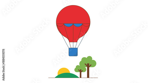 Colorful hot air balloon soaring above simple trees and landscape illustration