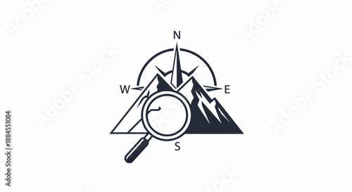 Compass and mountain illustration with magnifying glass isolated on white