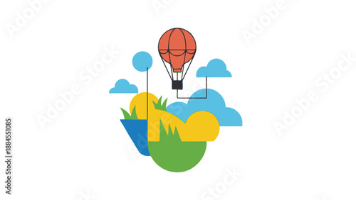 Colorful illustration of hot air balloon floating above abstract landscape
