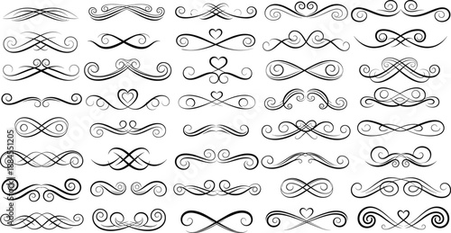 Decorative swirl and flourish ornaments vector set with elegant calligraphic dividers and vintage scroll elements isolated on white background