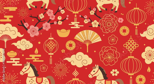 Traditional Chinese New Year 2026 Seamless Pattern: Festive Year of the Horse Background with Red Lanterns and Gold Ornaments
