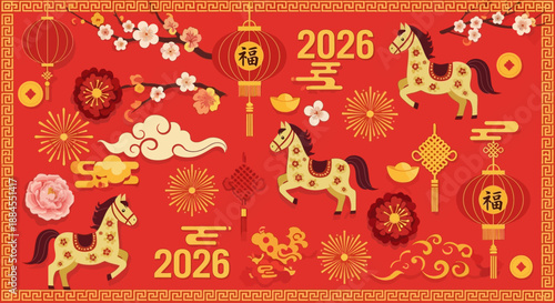 Traditional Chinese New Year 2026 Seamless Pattern: Festive Year of the Horse Background with Red Lanterns and Gold Ornaments