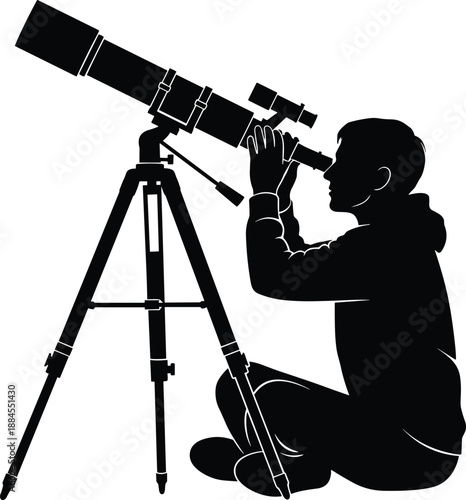 Silhouette of a man looking through a telescope on a tripod, astronomer observing stars and space vector illustration isolated on white background, astronomy.