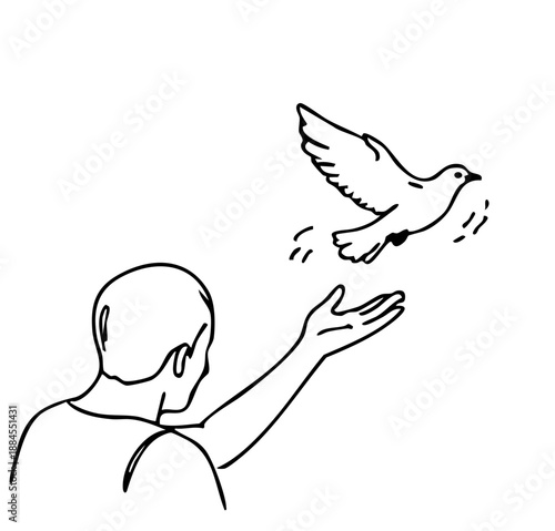 Man releasing dove representing peace freedom and hope, line art