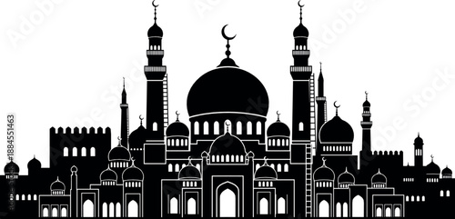 Islamic mosque skyline silhouette with domes and minarets, traditional Muslim architecture cityscape, Ramadan and religious culture themed vector illustration
