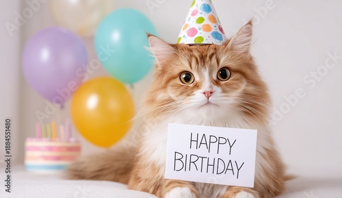 Orange Cat with Party Hat and Happy Birthday Sign, Balloons and Cake in Background for Birthday Celebrations