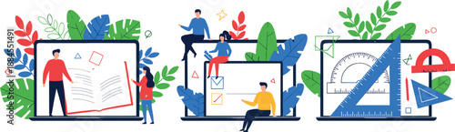 Online education and digital learning illustration set with students, laptops, study materials, e-learning platforms, teamwork concepts, and modern flat vector scenes