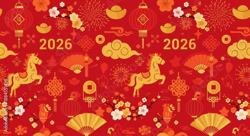 Traditional Chinese New Year 2026 Seamless Pattern: Festive Year of the Horse Background with Red Lanterns and Gold Ornaments