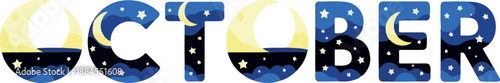 Creative depiction of the month of October with moonlit and starry night sky elements, perfect for seasonal designs