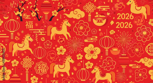 Traditional Chinese New Year 2026 Seamless Pattern: Festive Year of the Horse Background with Red Lanterns and Gold Ornaments