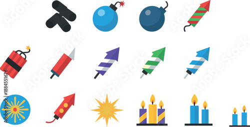 Fireworks and celebration icon set with rockets, bombs, candles, party explosives, festive pyrotechnics symbols, and colorful holiday vector illustrations