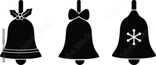 Christmas Bell Vector Set – Holiday Jingle Bells with Bow, Holly and Snowflake Icons