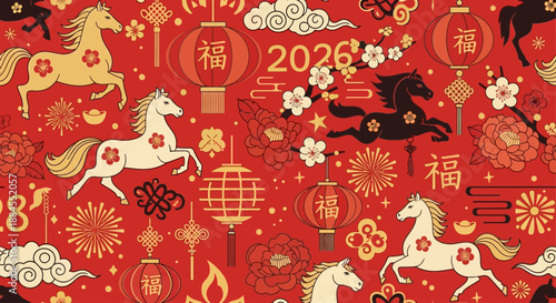 Traditional Chinese New Year 2026 Seamless Pattern: Festive Year of the Horse Background with Red Lanterns and Gold Ornaments