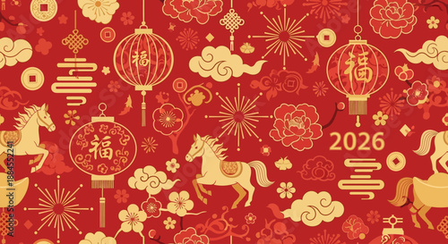Traditional Chinese New Year 2026 Seamless Pattern: Festive Year of the Horse Background with Red Lanterns and Gold Ornaments