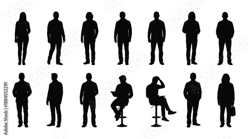 Various silhouettes of people in different poses isolated on white background, Vector