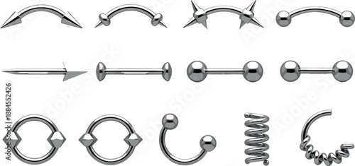 Body piercing jewelry set stainless steel barbell ring spike curved bar vector illustration