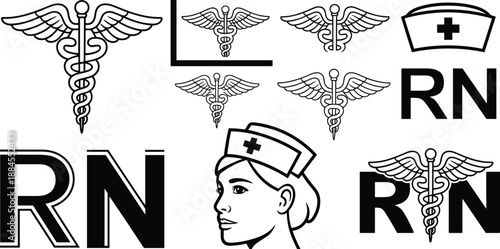 Medical Icons Caduceus RN Nurse Hat and Portrait Black and White Keywords: medical, icons, caduceus, RN, nurse, hat, portrait