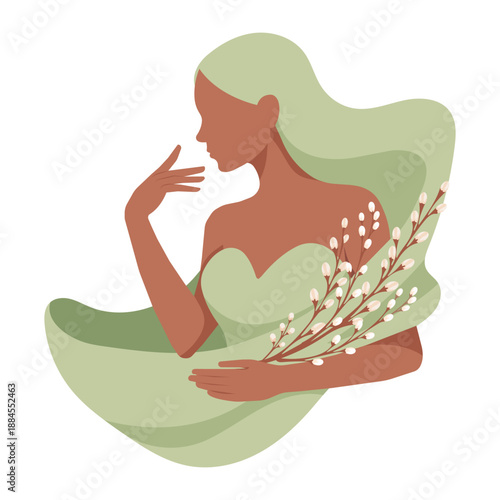 Minimalist vector fashion illustration of an elegant faceless woman holding pussy willow branches in soft sage pastel palette—perfect for spring branding, beauty ads, wellness content, greeting cards