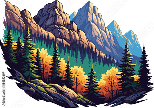 Fantasy Mountain Island River Vector Illustration