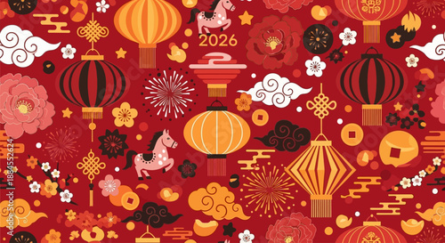 Traditional Chinese New Year 2026 Seamless Pattern: Festive Year of the Horse Background with Red Lanterns and Gold Ornaments