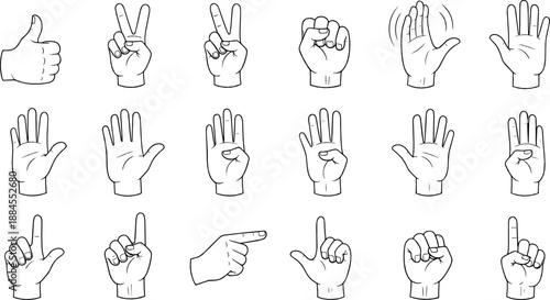 Hand gesture outline icon set including thumbs up peace sign pointing counting and open palm black line vector collection