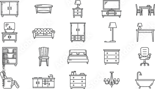 Furniture line icon set with home interior objects including sofa bed chair table lamp cabinet desk and bathroom elements black outline vector