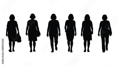 Silhouettes of six women isolated on white background, Vector