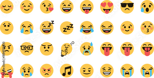 Emoji faces icons set with happy sad laughing crying angry love sleepy and silly facial expressions yellow emoticons flat vector illustration
