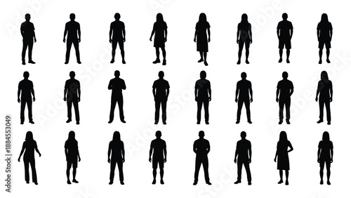 Silhouettes of various individuals isolated on white background, Vector