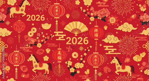 Traditional Chinese New Year 2026 Seamless Pattern: Festive Year of the Horse Background with Red Lanterns and Gold Ornaments