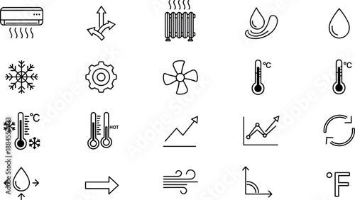 Climate control line icon set with air conditioner heating cooling temperature humidity ventilation arrows and weather symbols black outline vector