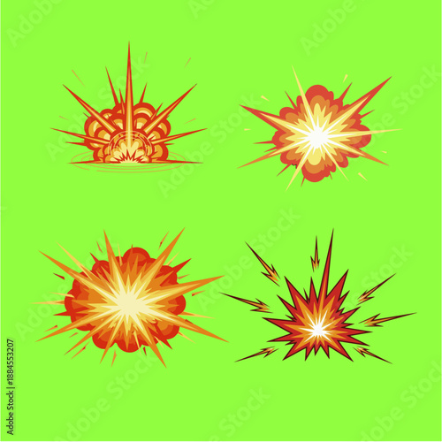 Four distinct cartoon explosion effects with fiery bursts and smoke on a green background, ideal for graphic design and animation assets.