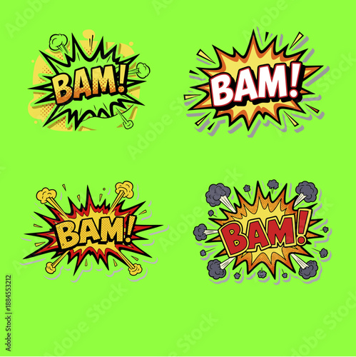 Four vibrant comic book style 'BAM!' sound effect explosions with dynamic designs and smoke on a bright green background.