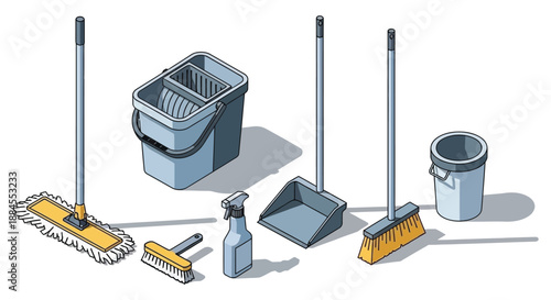 Cleaning supplies and equipment for household chores and maintenance.