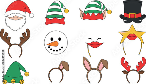 Christmas photo booth props set with Santa hat elf headband reindeer antlers snowman face star lips top hat and festive holiday accessories flat vector illustration