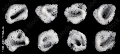 Tableau sur toile Set of white soap foam bubbles isolated on black background, abstract cleaning textures with hygiene concept, detergent lather collection for sanitation, cosmetic, skincare, and household design
