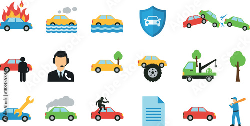 Car insurance and road accident illustration set with vehicle damage repair towing safety shield and traffic scenarios for insurance concepts and flat vector design