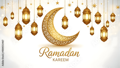 Golden crescent moon and glowing arabic lanterns celebrate ramadan kareem