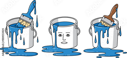 Vector illustration set featuring expressive paint bucket characters with blue dripping paint and brushes for creative branding designs
