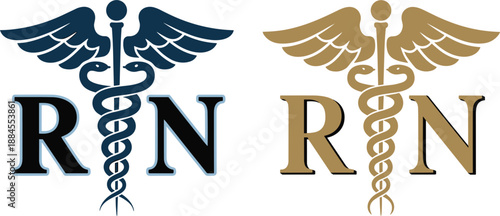 Two RN Caduceus Symbols with Letters R and N in Blue and Gold on White Background Keywords: RN, registered nurse, caduceus