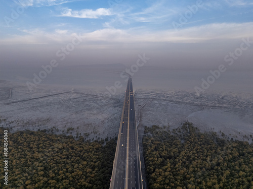 Aerial view of a long bridge pierces through the misty horizon, connecting disparate lands with a ribbon of grey against nature's muted palette, Mumbai, Maharashtra, India.
