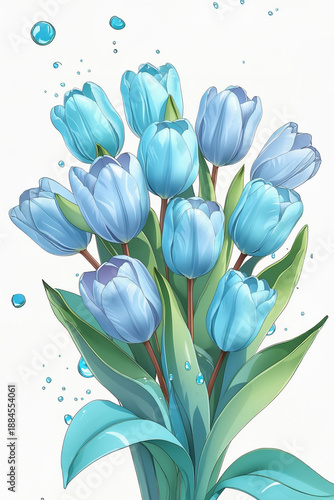 Bouquet of blue tulips with green leaves and water droplets on a white background