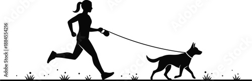 Silhouette of a woman running with her dog on a leash, female jogger exercising with pet vector illustration isolated on white background, fitness.