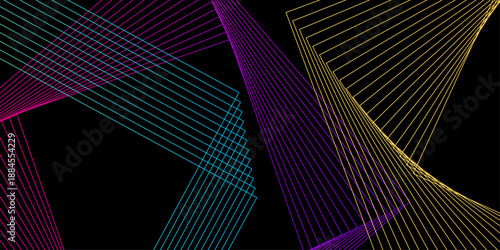 Abstract geometric background with vibrant colorful intersecting lines on black, neon synth-wave vector illustration