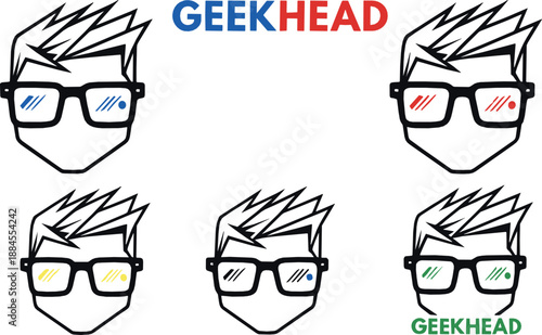 Geek head logo and character illustration set with nerd glasses and colorful tech themed variations for branding, startups, gaming communities, and flat vector design