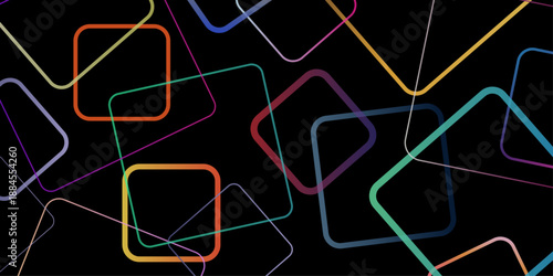 Abstract dark background with neon rounded squares and thin colorful intersecting lines for futuristic tech design